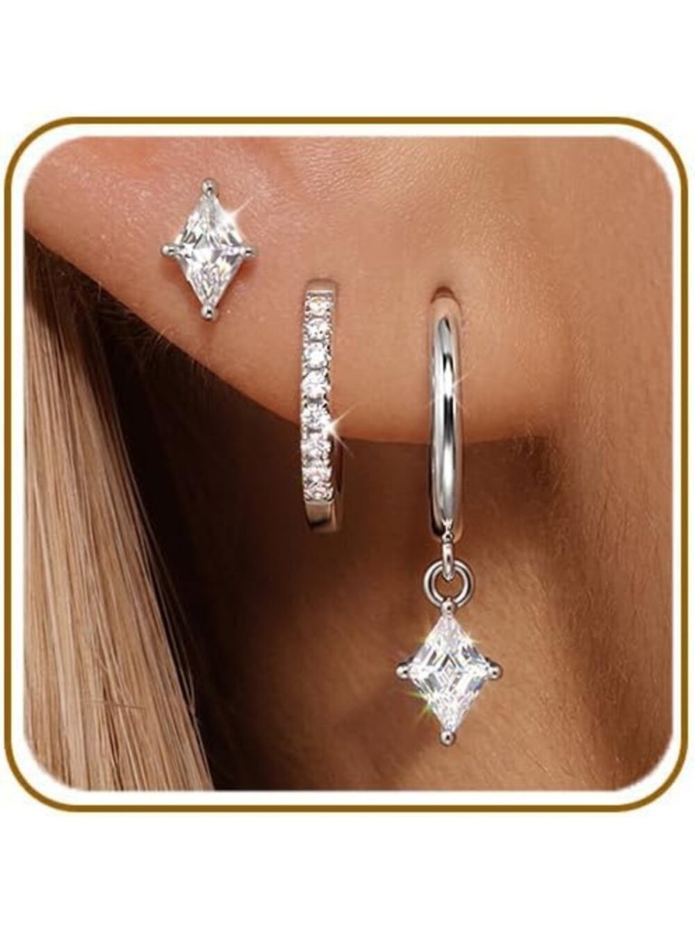 3 Pairs Colored CZ Hoop Earrings Set - 925 Sterling Silver for Women